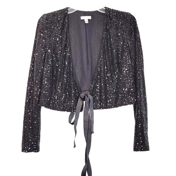 ML Monique Lhuillier Sequin Wrap Crop Top Long Sleeve V-Neck Black Womens Sz XS - Picture 3 of 6